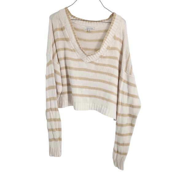 American Eagle Cropped Cream and Tan Knit Sweater Womens Size Large L - Picture 1 of 4